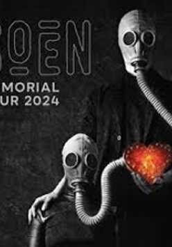 Concert poster: two people in gas masks and the title of the concert. Black background.