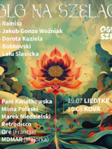Poster with information about the concerts in Szeląg. In the middle drawing of an exotic flower.