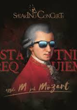 Concert poster with a picture of W.A. Mozart in sunglasses and the title of the event.