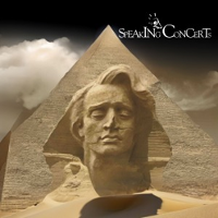 Concert poster: a pyramid in front of which stands a sculpture of Fryderyk Chopin's head stylized as a sphinx.