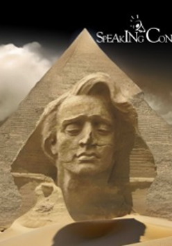 Concert poster: a pyramid in front of which stands a sculpture of Fryderyk Chopin's head stylized as a sphinx.