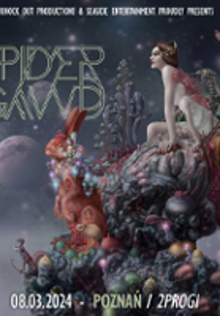 Concert poster: information about the event and a drawing of a woman sitting on a multi-colored rock.