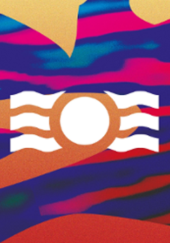 Poster of the series Stage at Rusałka Lake: colourful stripes and a white circle and wavy lines in the middle.