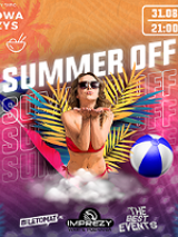 Poster with information about te event and a photo of a young woman in bikini, a beach ball, beach umbrella and palm leaves around her.