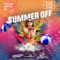 Poster with information about te event and a photo of a young woman in bikini, a beach ball, beach umbrella and palm leaves around her.
