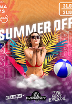 Poster with information about te event and a photo of a young woman in bikini, a beach ball, beach umbrella and palm leaves around her.