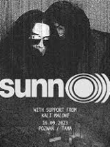 Black and white concert poster with information about the event and photo of two people dressed in black clothes.