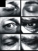 Black and white photo collage: six frames with close-ups of human eyes.