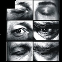 Black and white photo collage: six frames with close-ups of human eyes.