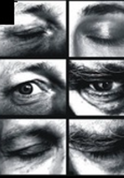 Black and white photo collage: six frames with close-ups of human eyes.
