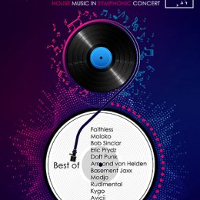 Concert poster in white, violet and black colours - a picture of two longplays, on one of them - information about the concert