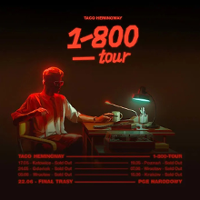 Concert tour poster: dark photo of a man sitting at the desk and information about the concert tour.