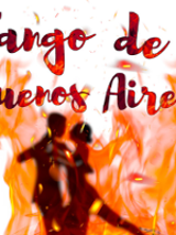 Concert poster: drawing of a dancing pair in red and orange colours and the title of the concert.