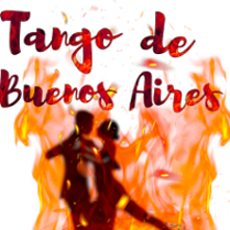 Concert poster: drawing of a dancing pair in red and orange colours and the title of the concert.