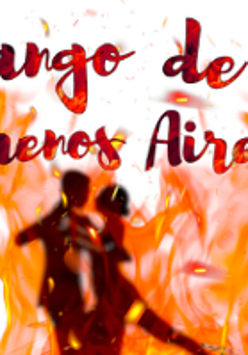 Concert poster: drawing of a dancing pair in red and orange colours and the title of the concert.