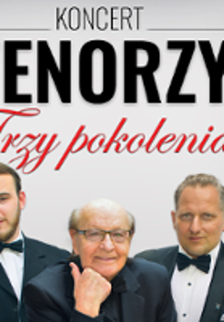 Photo of three men in suits and the title of the concert.