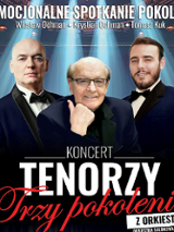 Concert poster: photo of elegant three men and information about the event.