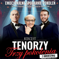 Concert poster: photo of elegant three men and information about the event.