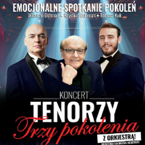 Concert poster: photo of elegant three men and information about the event.