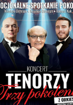 Concert poster: photo of elegant three men and information about the event.
