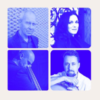 Blue and white four photos of the performers: three men and one woman.