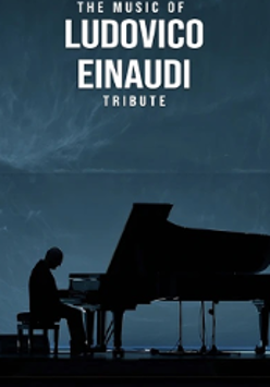 Concert poster: black picture of a man sitting at the piano, dark blue background.