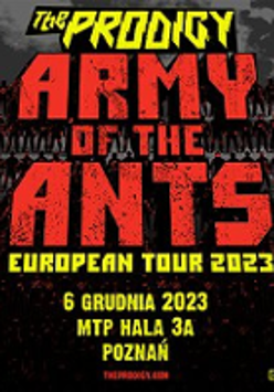 Concert poster with red and yellow text on black background: the title of the Prodigy's concert tour and information about the event.