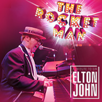 Concert poster in pink and violet colours with photo of Elton John singing and playing the piano.