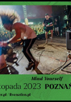 Concert poster with photo of the band on stage and information about the event.