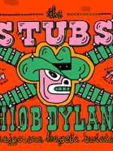Colourful concert poster with bands' names. In the middle a drawing of a face in a hat.