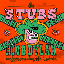 Colourful concert poster with bands' names. In the middle a drawing of a face in a hat.