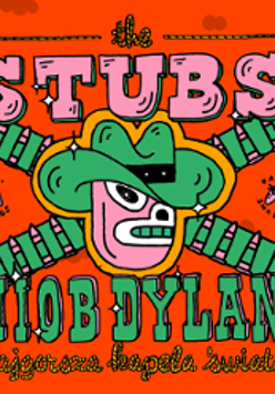 Colourful concert poster with bands' names. In the middle a drawing of a face in a hat.