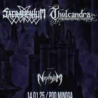 Concert poster: band names, place and date of the concert, dark blue and black background.