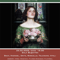 Concert poster - a woman in historical clothes, holding a vase with roses. In the bottom of the poster - information about the concert.