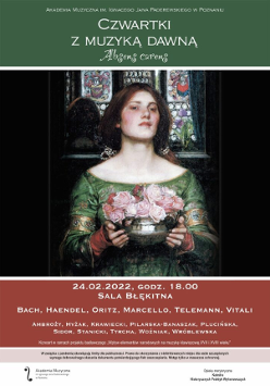 Concert poster - a woman in historical clothes, holding a vase with roses. In the bottom of the poster - information about the concert.