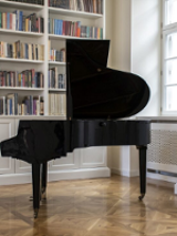 Photo of a black grand piano. The white bookcase and a window as a background.