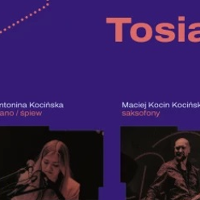Concert poster: small photos of two performers and the band's name; violet background.