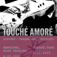 Black and white blurry photo of a guitar, with information about the event underneath.