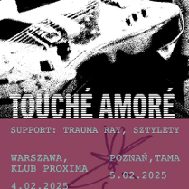 Black and white blurry photo of a guitar, with information about the event underneath.