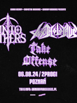 Concert poster: bands' names ad information about the event on black background.