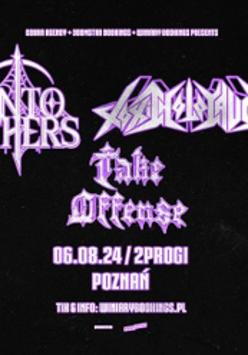 Concert poster: bands' names ad information about the event on black background.