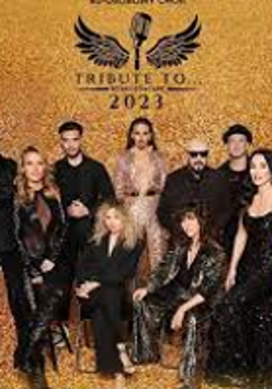 Concert poster with photo of the concert performers. Golden background.