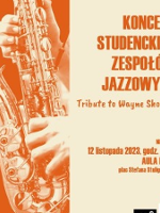 A concert poster with information about the event and a photo of a saxophone with hands placed on it.