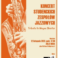 A concert poster with information about the event and a photo of a saxophone with hands placed on it.