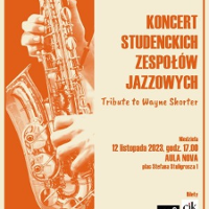 A concert poster with information about the event and a photo of a saxophone with hands placed on it.