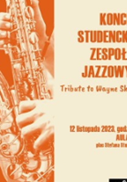 A concert poster with information about the event and a photo of a saxophone with hands placed on it.