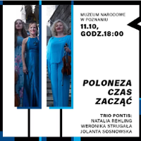 Concert poster with information about the event and photos of three women dressed in blue.