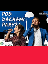 Event poster - a female and a male singers with microphones in their hands. The title of the concert as a background.