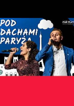 Event poster - a female and a male singers with microphones in their hands. The title of the concert as a background.