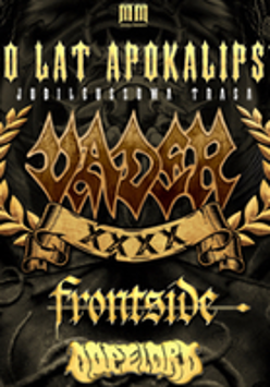 Concert poster: yellow and golden text (the title of the concert and the bands' names) on black background.